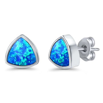 Stud Triangle Earrings Lab Created Blue Opal 925 Sterling Silver(8mm)